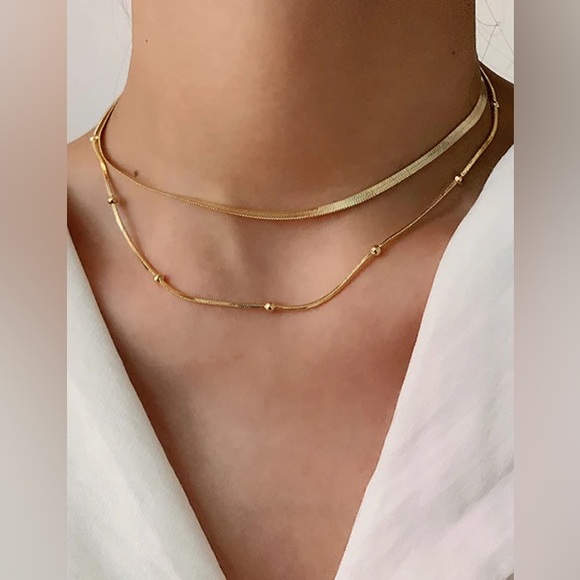 18K Gold Plated Double Layered Necklace*Snake Chain Satellite Bubbles Dainty - Picture 3 of 6